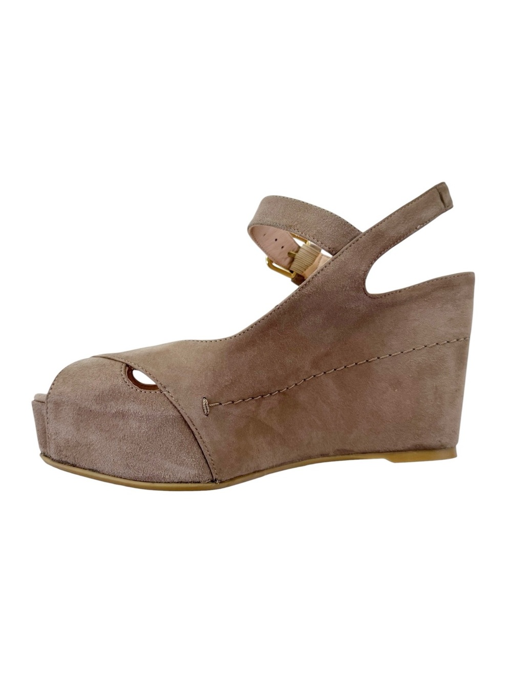 Stuart Weitzman Turnover Suede Wedge Shoes Sandals Taupe Beige Size 7 - Picture 12 of 14